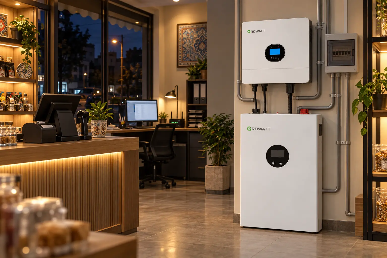 سانورتر و باتری Growatt برای تأمین برق اضطراری مغازه و دفتر
