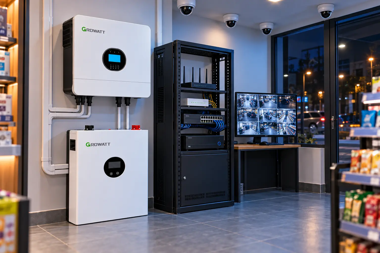 برق اضطراری دوربین مداربسته و NVR فروشگاه با سیستم Growatt