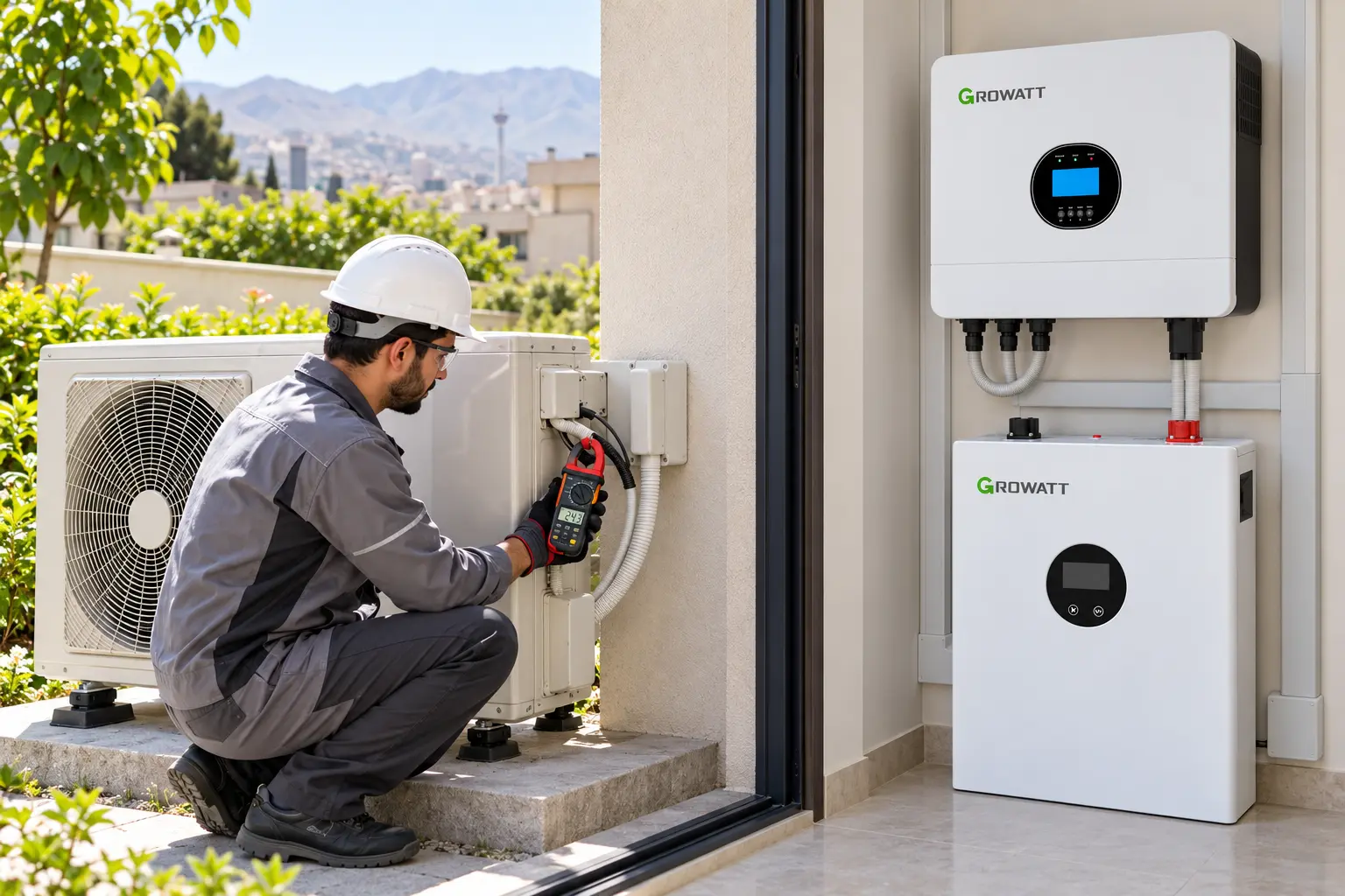 اندازه‌گیری جریان راه‌اندازی کولر گازی کنار سیستم برق اضطراری Growatt