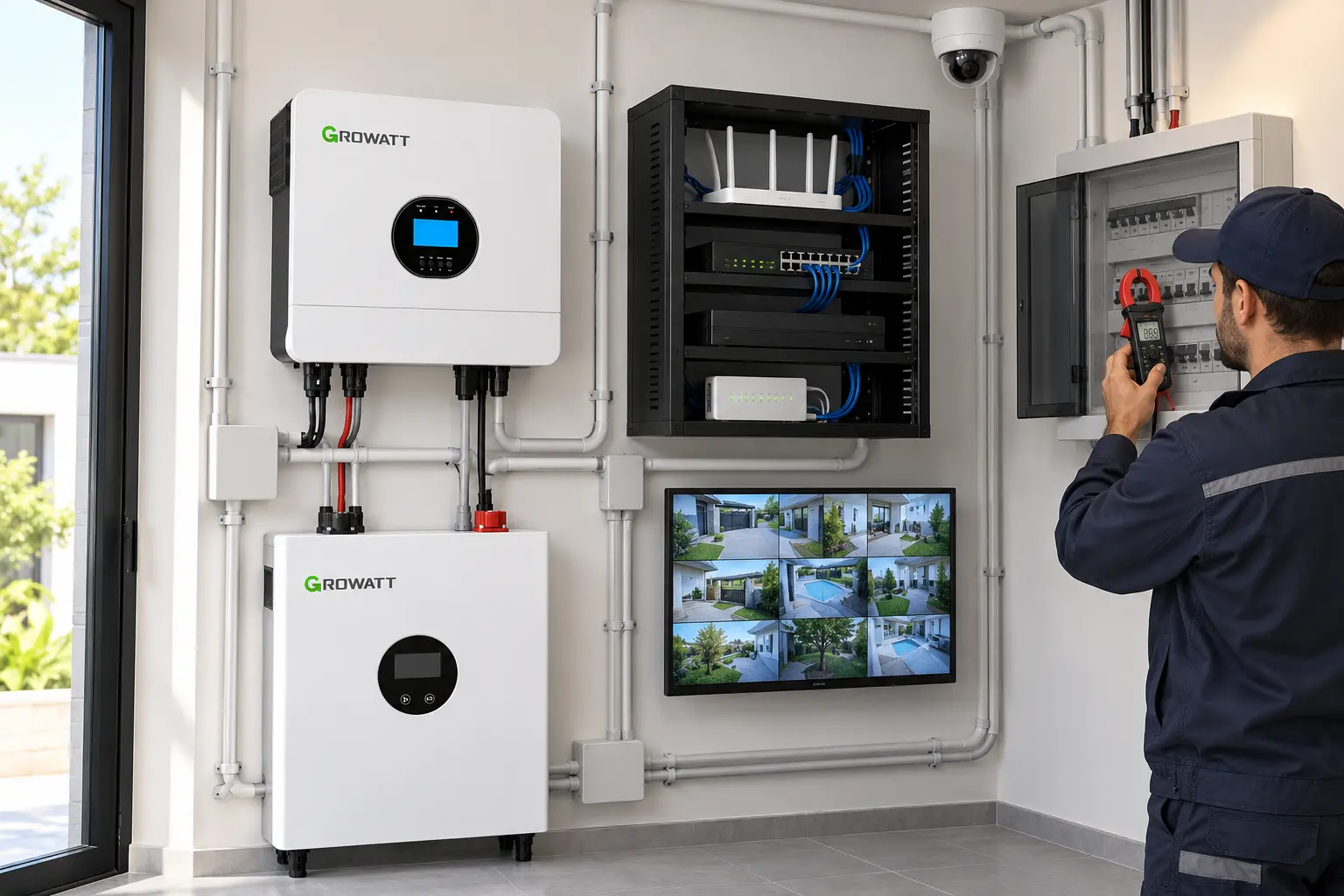اندازه‌گیری مصرف NVR و سوئیچ PoE کنار سیستم برق اضطراری Growatt