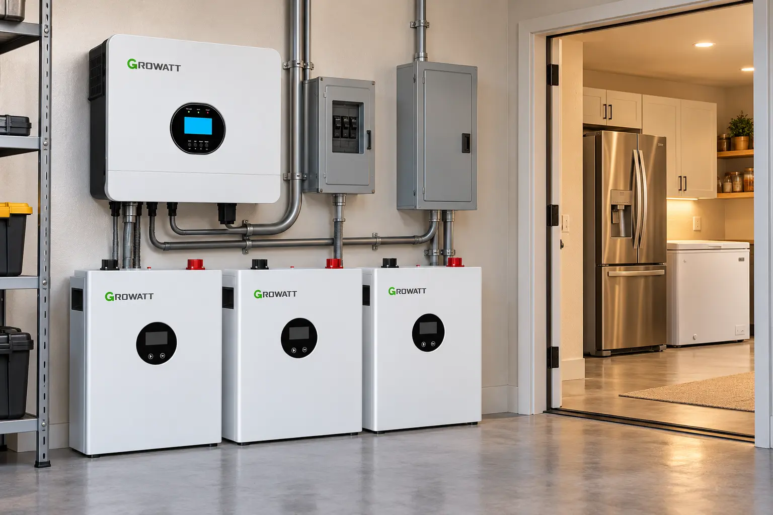 سیستم Growatt با سه باتری برای برق اضطراری یخچال و فریزر