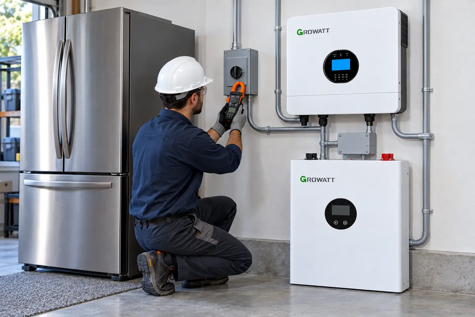 اندازه‌گیری جریان راه‌اندازی یخچال کنار سیستم Growatt برای برق اضطراری