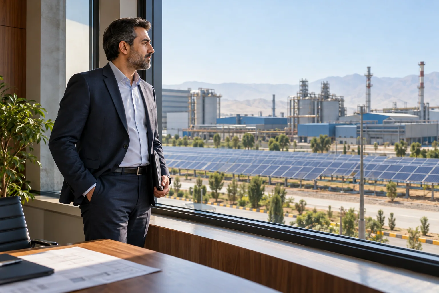 مدیر صنعتی در دفتر حرفه‌ای با چشم‌انداز کارخانه و نیروگاه خورشیدی، نماد تصمیم‌گیری برای خرید برق سبز