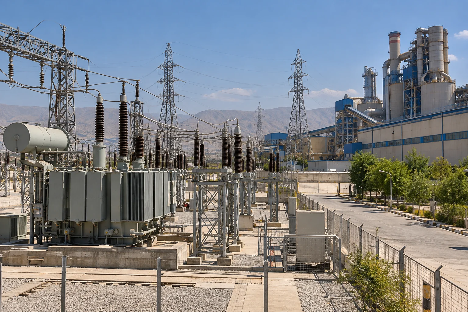 پست فشار قوی و تجهیزات انتقال برق در مجاورت کارخانه صنعتی