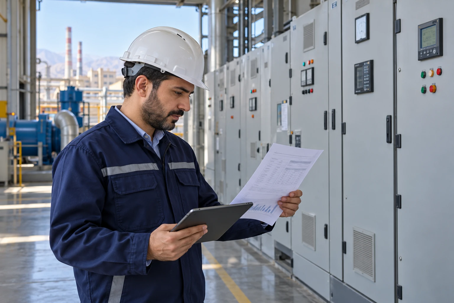 مدیر انرژی در حال بررسی قبض و اطلاعات مصرف کارخانه کنار تابلو برق صنعتی